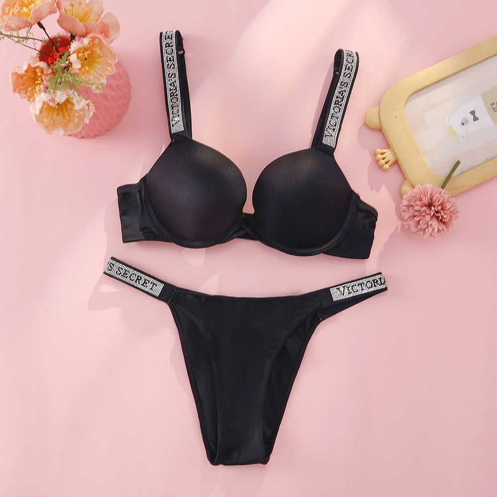 Rhinestone Statement Strap Push-Up Bra and Matching Crystal Thong Set