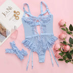 Romantic Light Pink Floral Lace Longline Garter Lingerie Set