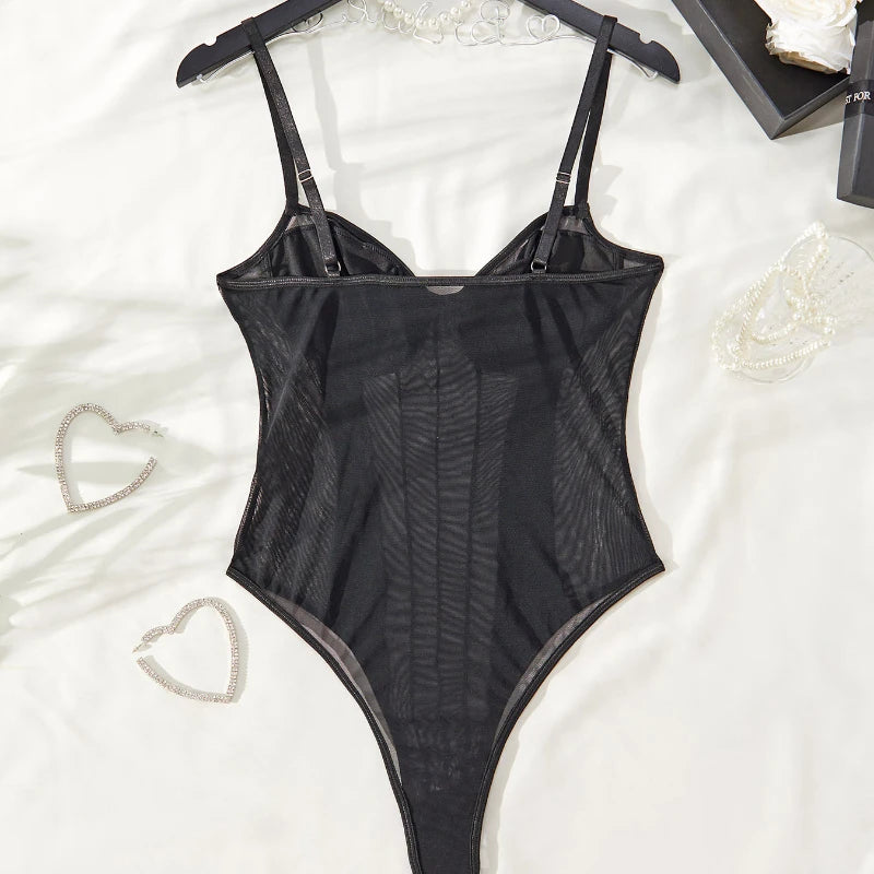 Corset Inspired Mesh Panel Bodysuit with Adjustable Straps Alternative Fashion