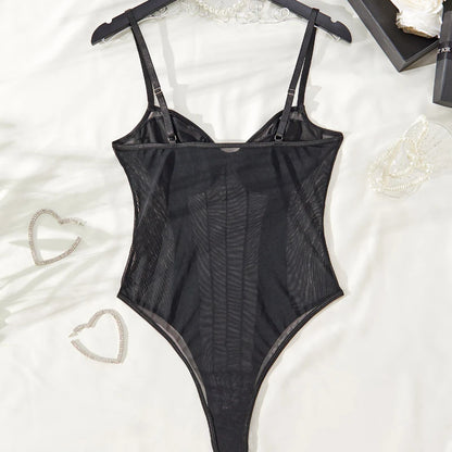 Corset Inspired Mesh Panel Bodysuit with Adjustable Straps Alternative Fashion