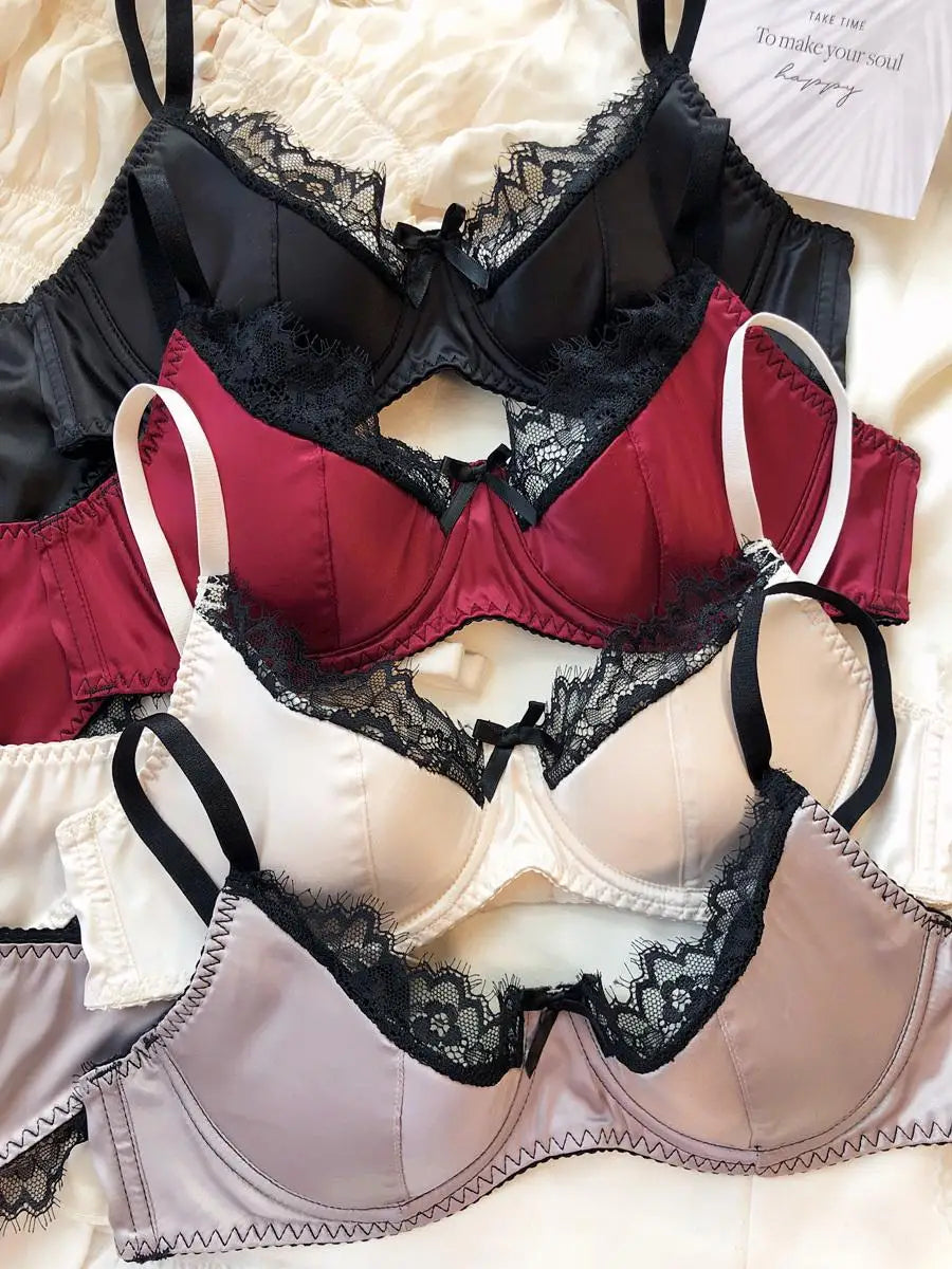 Vibrant Magenta Satin-Finish Wire-Free Bra and Panty Set with Black Lace Trim
