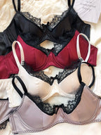 Vibrant Magenta Satin-Finish Wire-Free Bra and Panty Set with Black Lace Trim