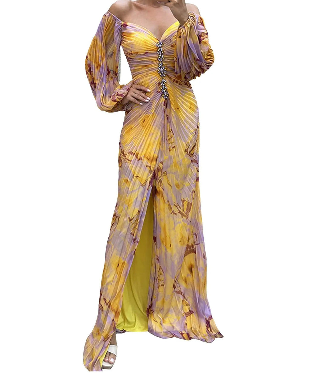Printed Maxi Dress With Draped Sleeves And Side Slit Detail