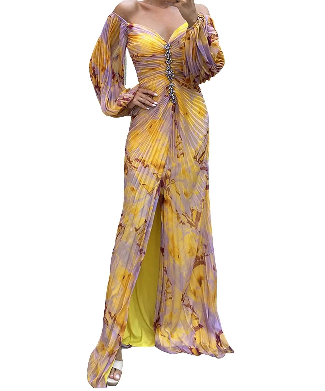 Printed Maxi Dress With Draped Sleeves And Side Slit Detail