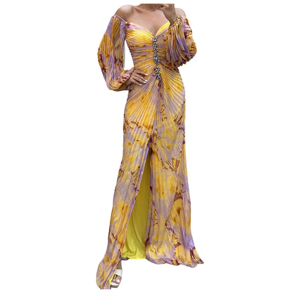 Printed Maxi Dress With Draped Sleeves And Side Slit Detail