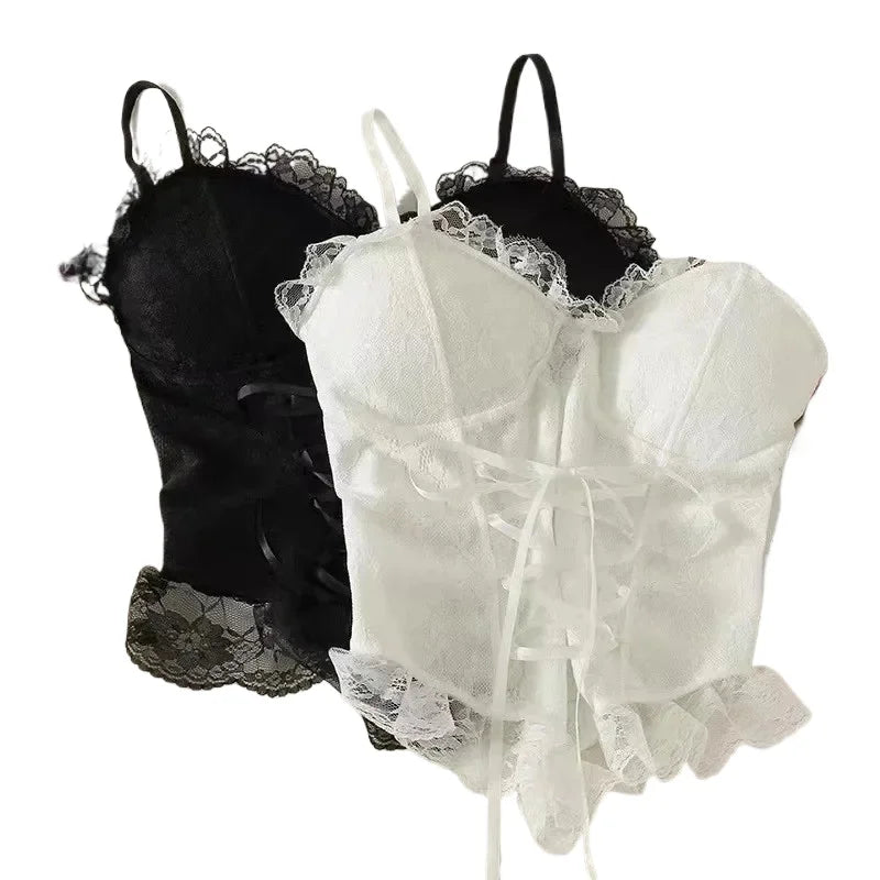 Lace Trim Corset Cami Top with Structured Bodice and Adjustable Straps