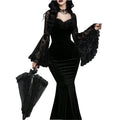 Velvet Gothic Mermaid Dress with Lace Sleeves and Dark Elegance