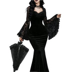 Velvet Gothic Mermaid Dress with Lace Sleeves and Dark Elegance