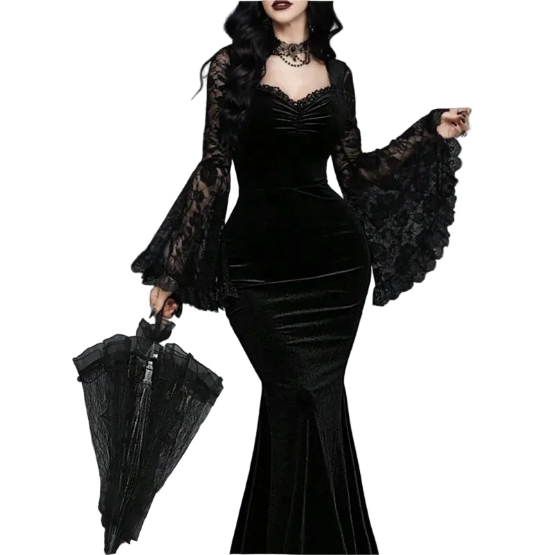 Velvet Gothic Mermaid Dress with Lace Sleeves and Dark Elegance