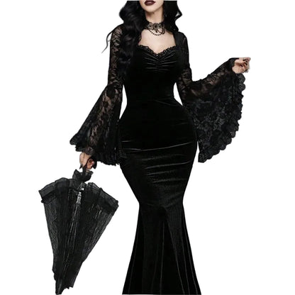 Velvet Gothic Mermaid Dress with Lace Sleeves and Dark Elegance