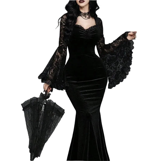 Velvet Gothic Mermaid Dress with Lace Sleeves and Dark Elegance