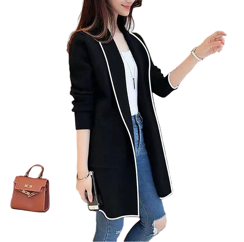 Women's Longline Open Front Cardigan Coat with Patchwork Design for Everyday Layering