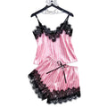 Pink Satin-Stripe Pajama Set with Lace-Trim Camisole Top, Matching Shorts and Delicate Spaghetti Straps
