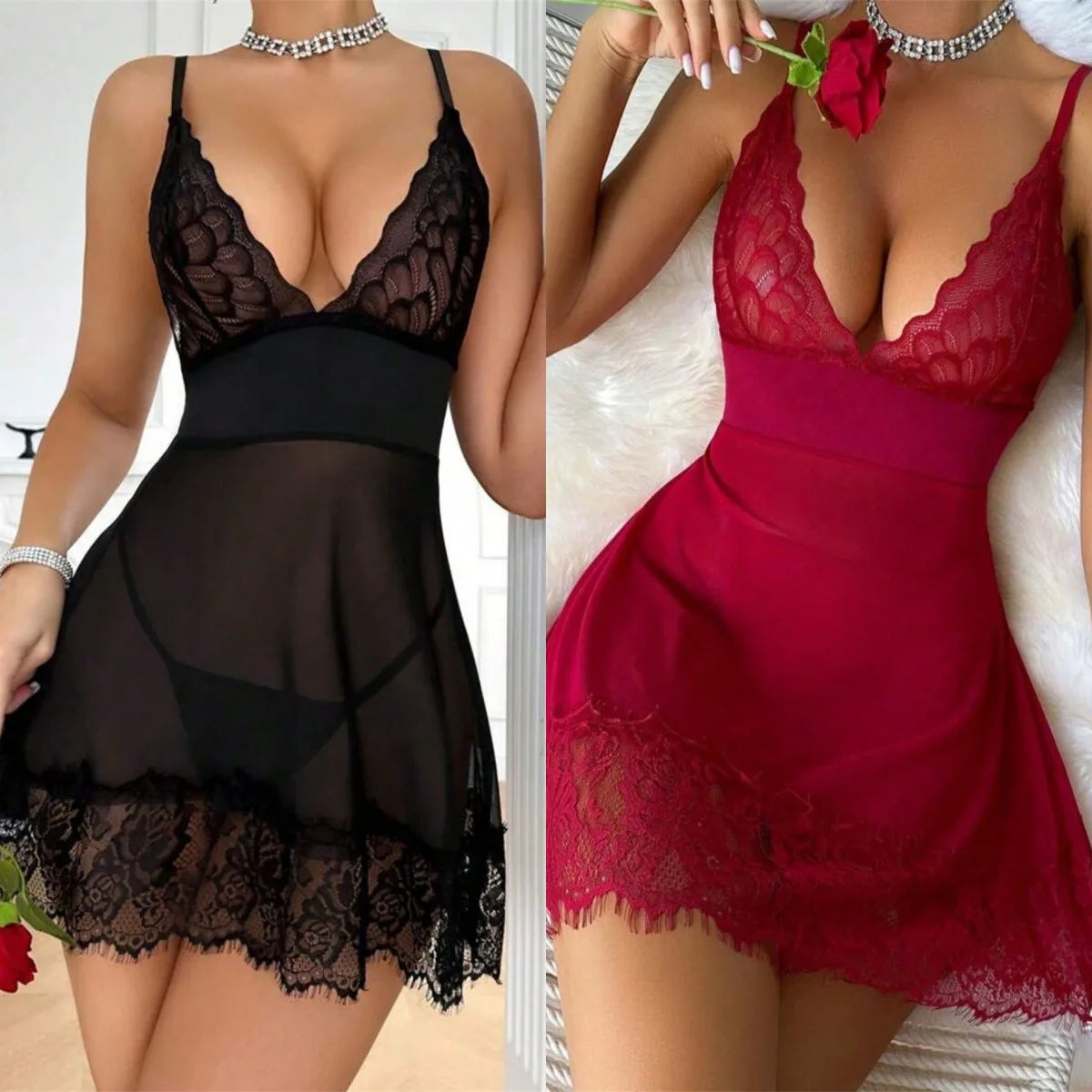 Soft Pink Sheer Mesh Chemise Nightgown with Deep V-Neckline and Lace Hem