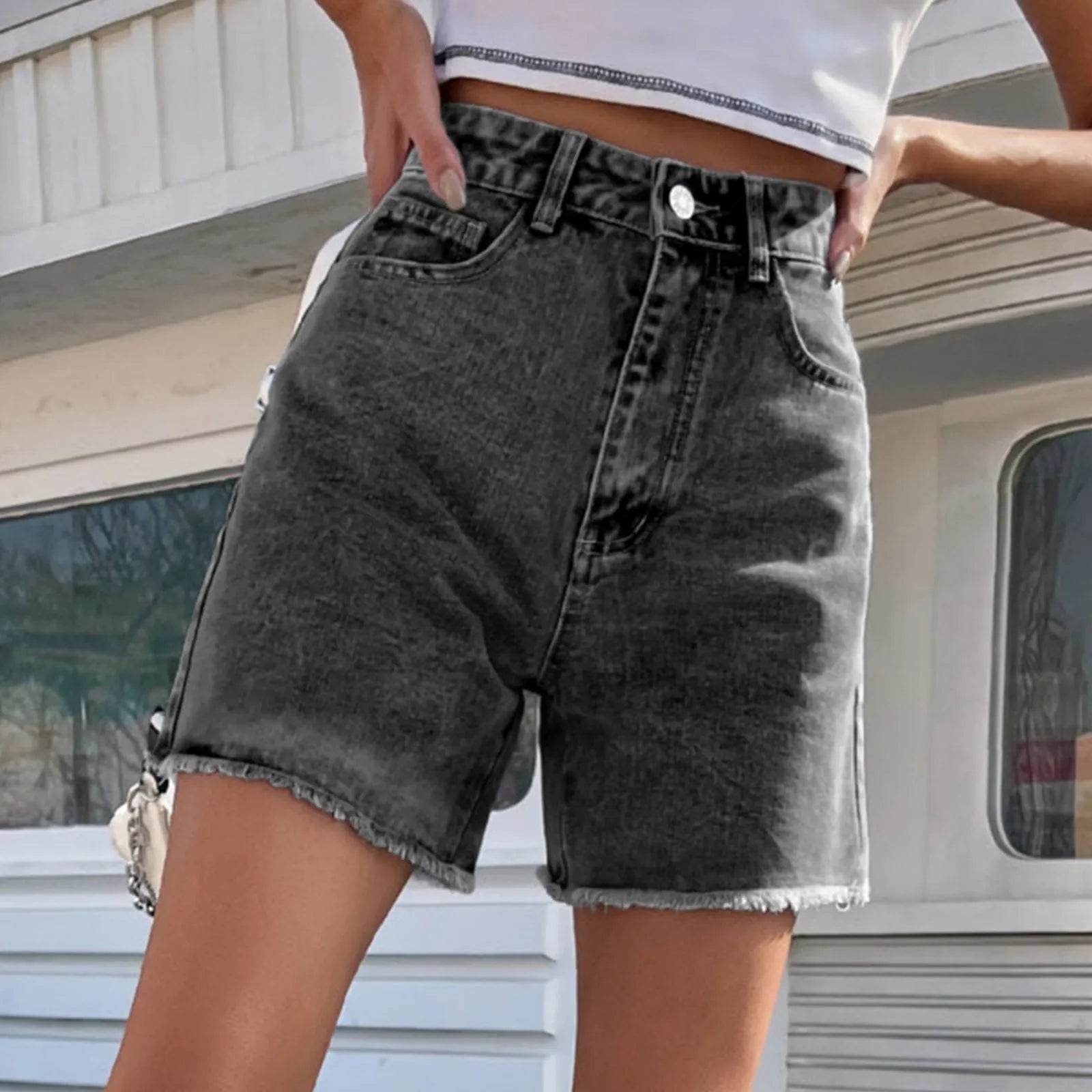 Women's Relaxed Mid Length Denim Style Shorts with Classic Button Front Casual Streetwear Fit