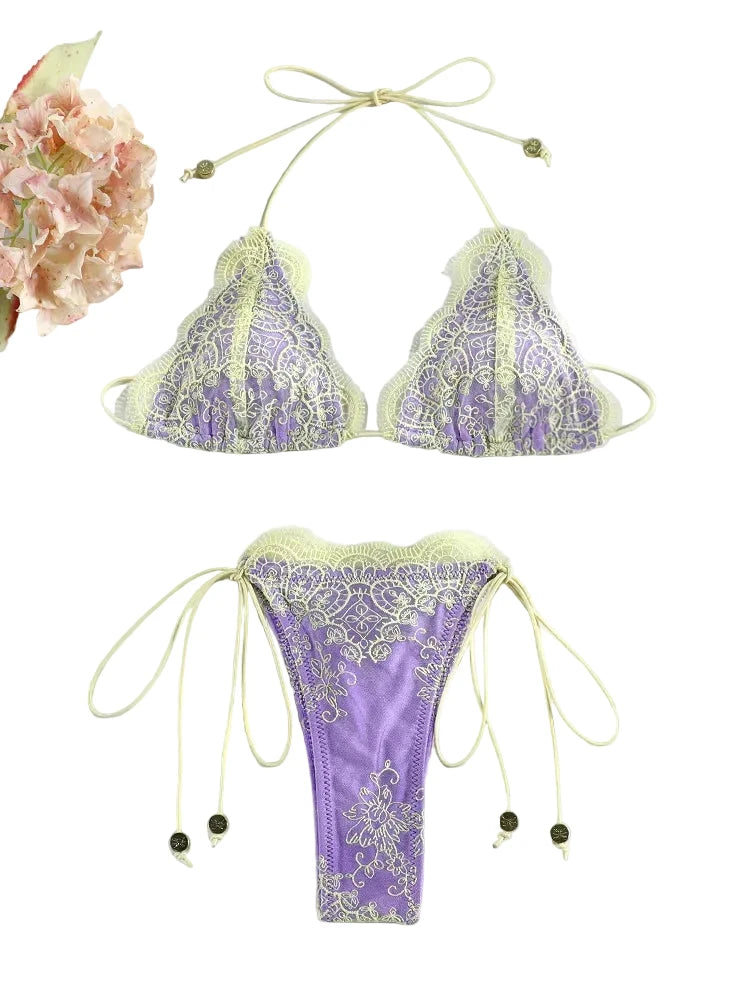 Pastel Lilac and Yellow Lace-Textured String Bikini with Beaded Accents