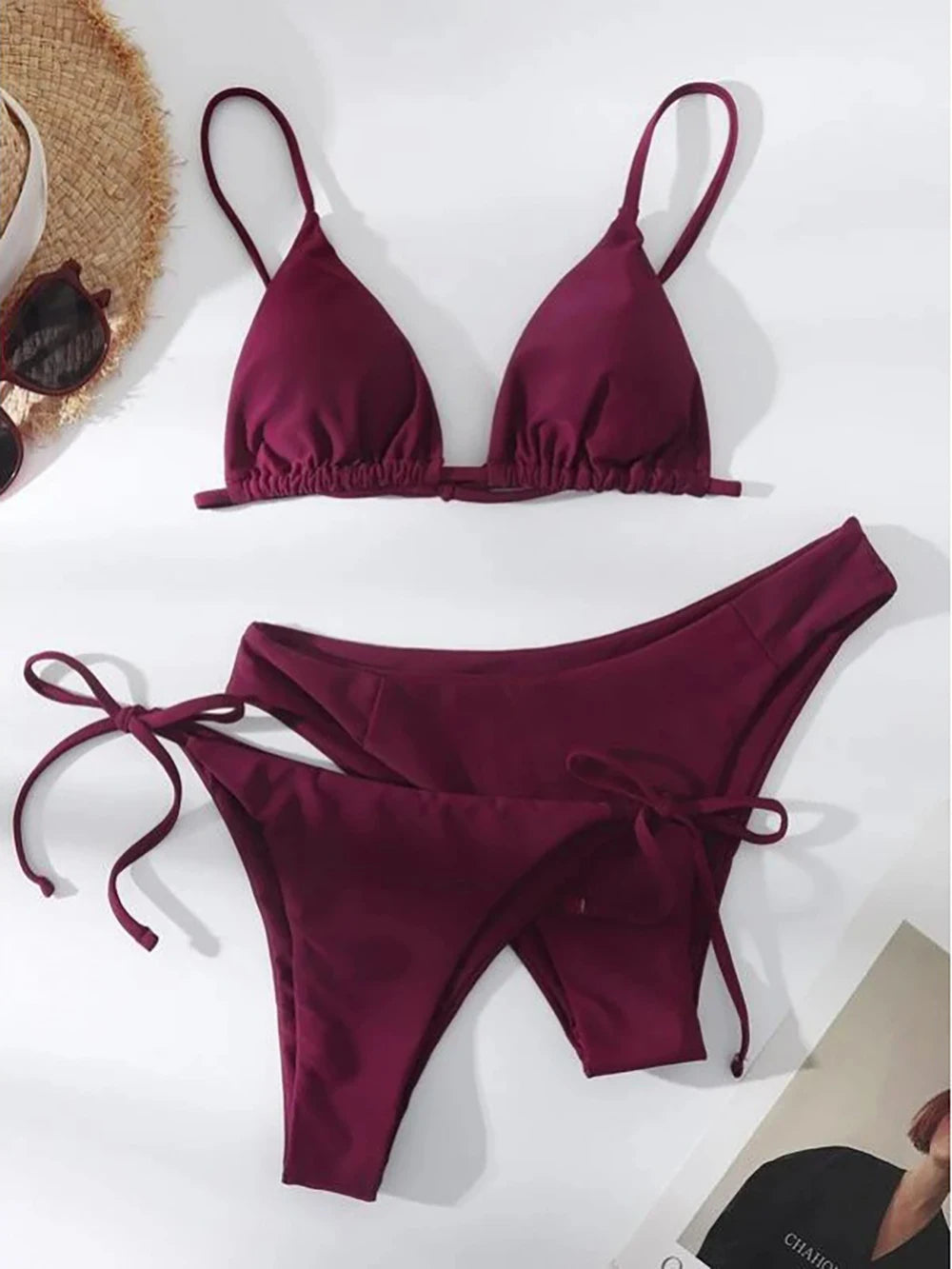 Solid White Three-Piece Triangle Bikini Set with Side-Tie Details