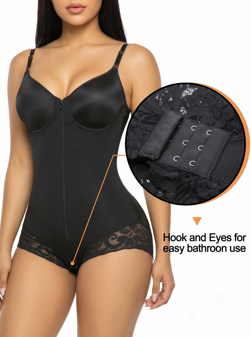 Elegant Zip-Front V-Neck Bodysuit with Lace Hip Detailing