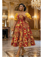 Regal Geometric Print Midi Dress with Contrast Puff Sleeves and Button Bodice