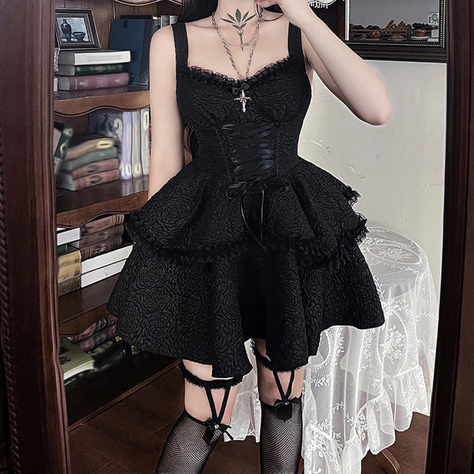 Lace Trim Gothic Mini Dress with Alternative Dark Fashion Style