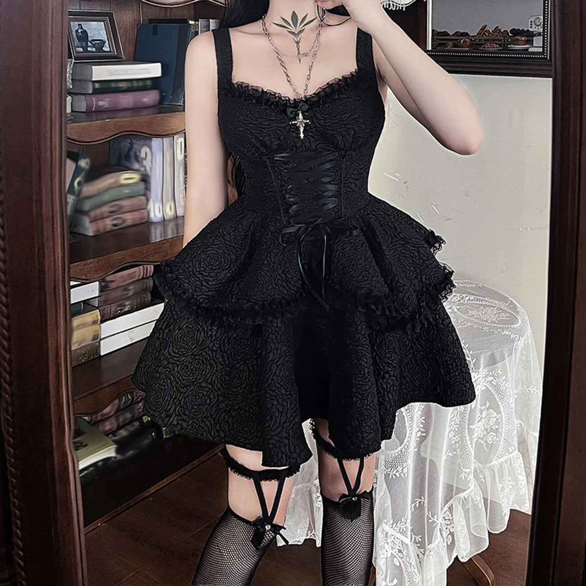 Dark Romantic Black Lace-Up Mini Dress with Layered Tulle Skirt