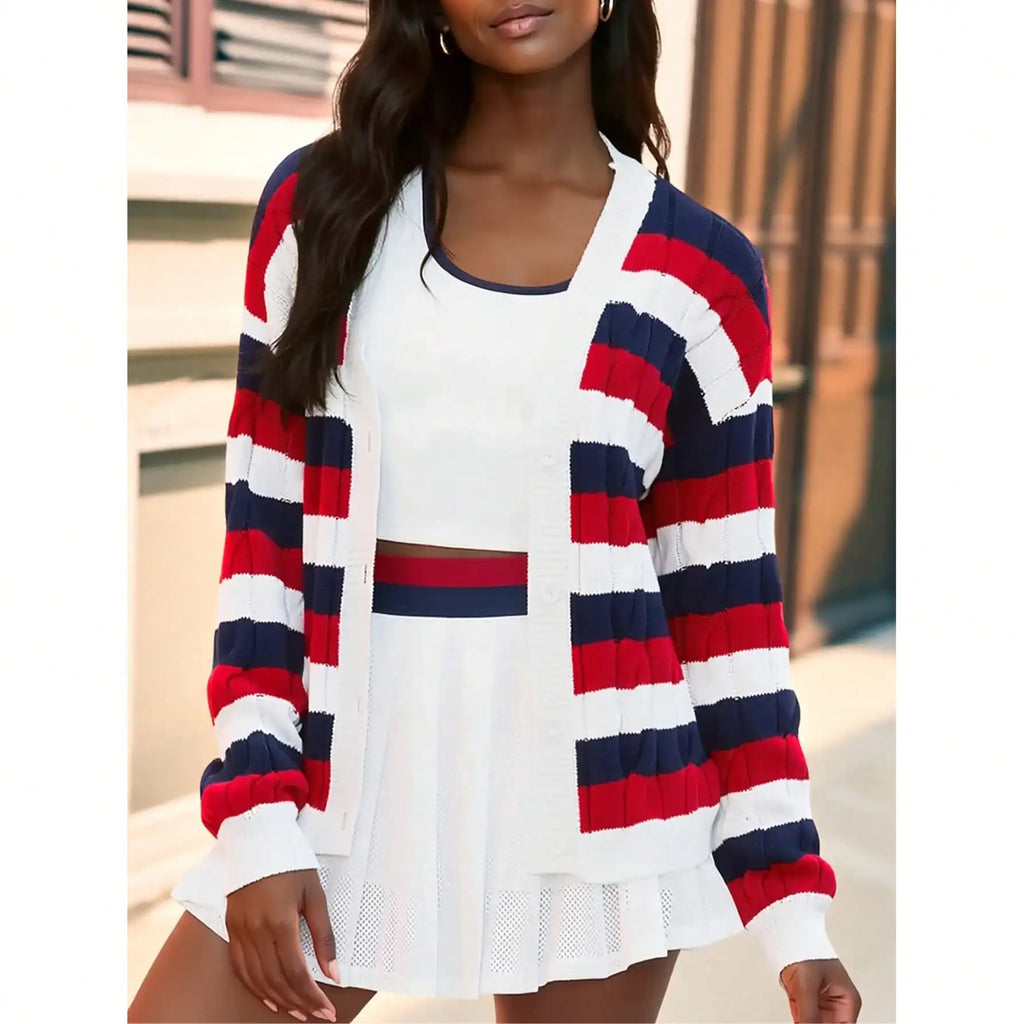 Women's Striped Open Front Knit Cardigan with Relaxed Long Sleeve Fit