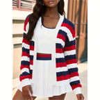 Women's Striped Open Front Knit Cardigan with Relaxed Long Sleeve Fit