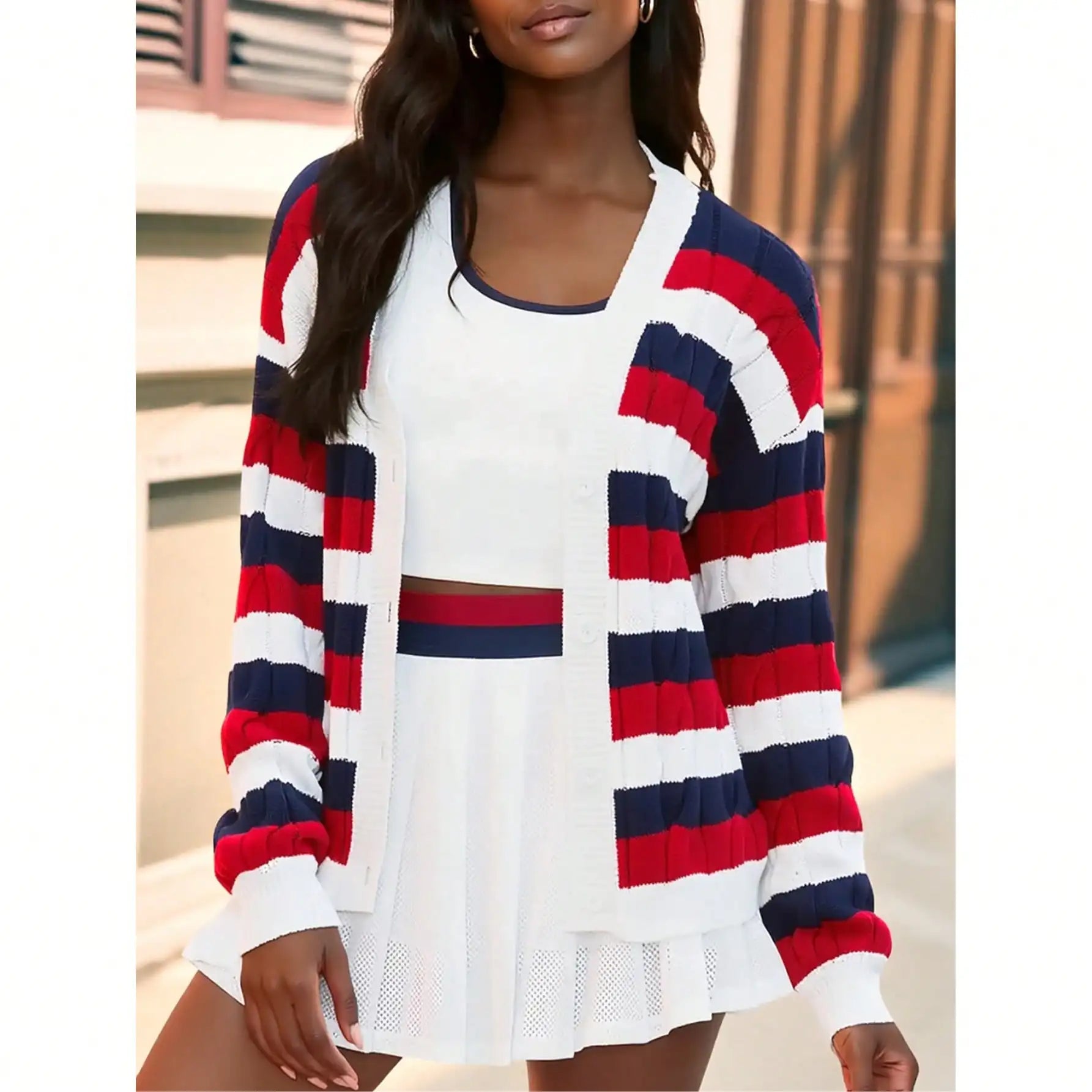 Women's Striped Open Front Knit Cardigan with Relaxed Long Sleeve Fit