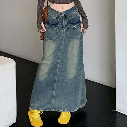 High Waist Straight Denim Maxi Skirt with Front Slit Contemporary Streetwear Style