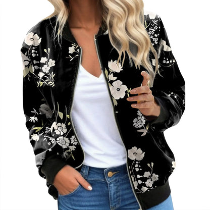 Women's Floral Print Zip-Up Bomber Jacket with Relaxed Contemporary Streetwear Short Fit