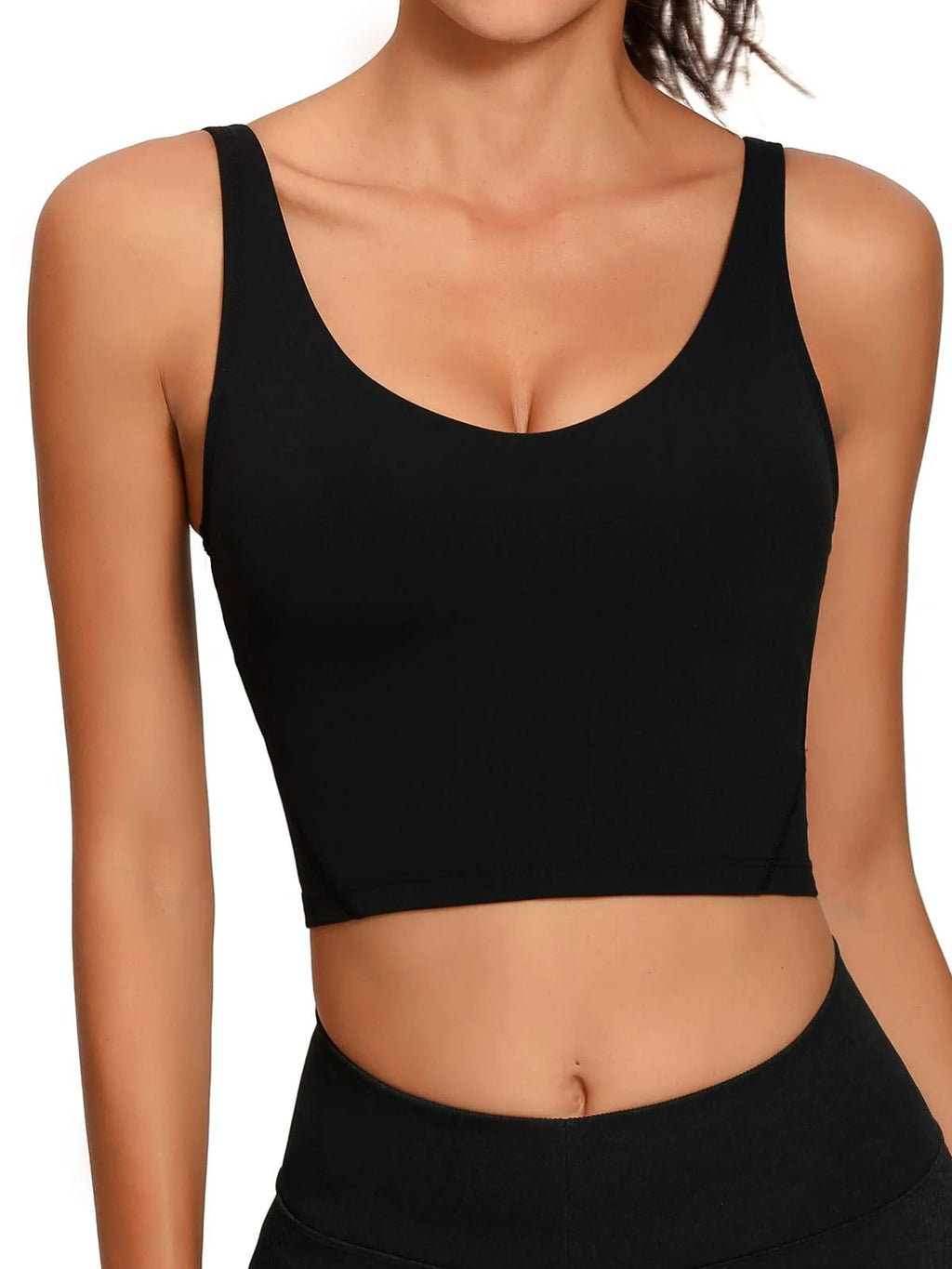 Longline Solid Black Sports Bra with Scoop Neckline and Medium Support