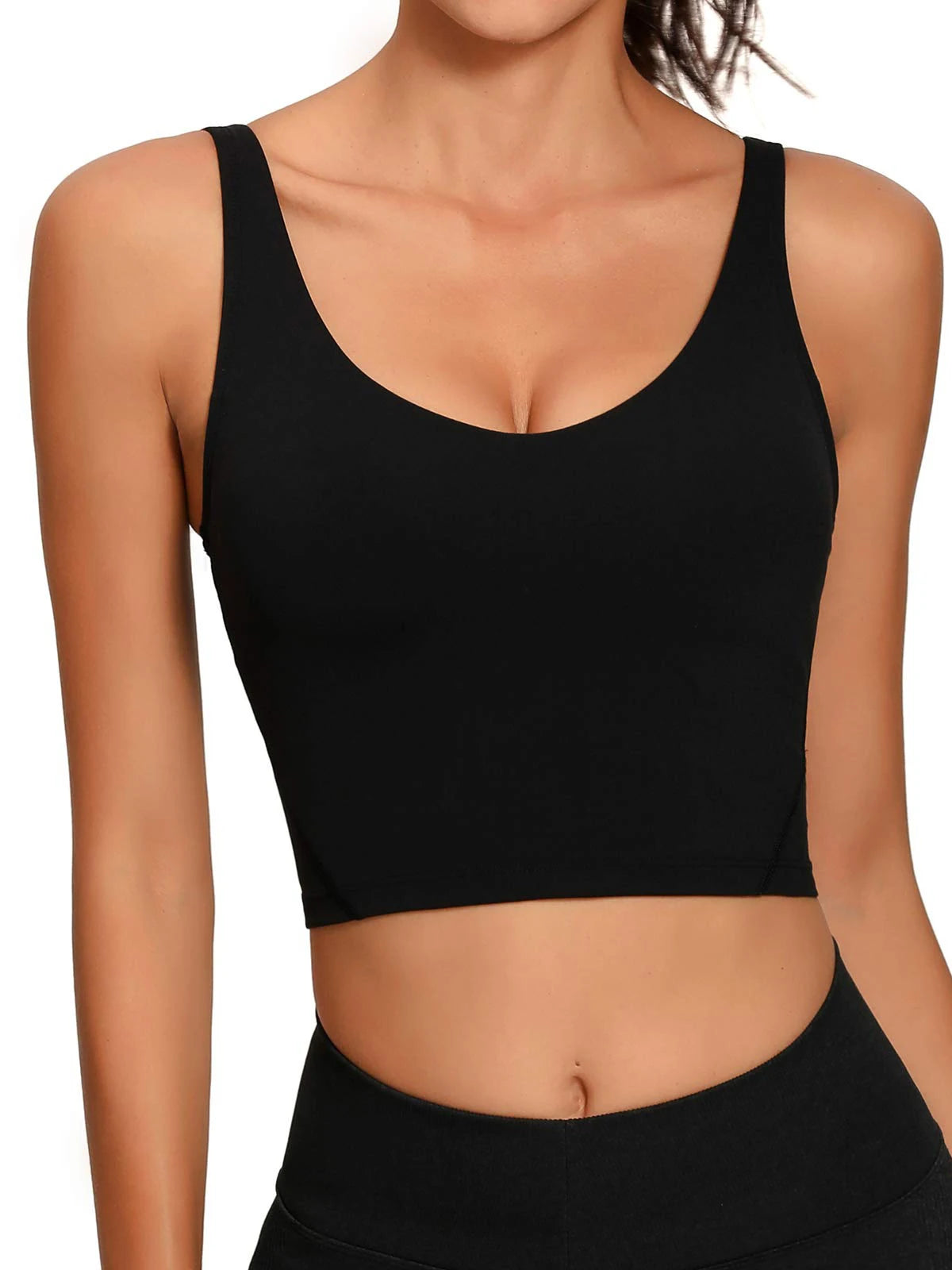 Longline Solid Black Sports Bra with Scoop Neckline and Medium Support
