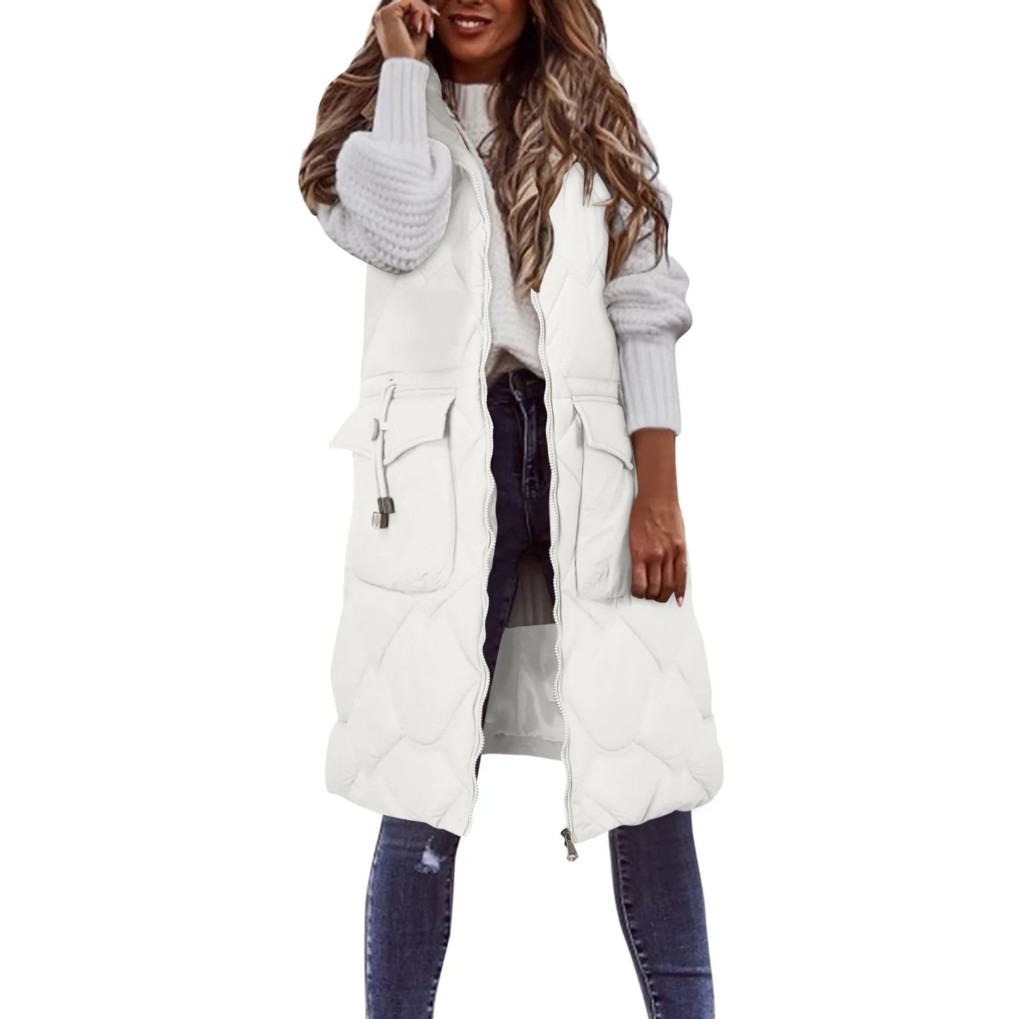 Women's Long Quilted Hooded Puffer Vest Relaxed Casual Streetwear Layering Outerwear