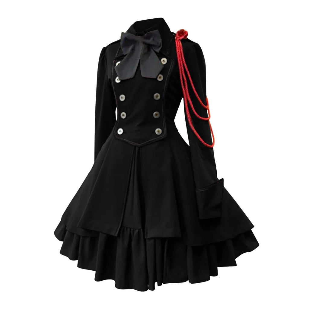 Medieval-Inspired Green and Black Flared Coat Dress with Decorative Bow and Brass-Tone Buttons