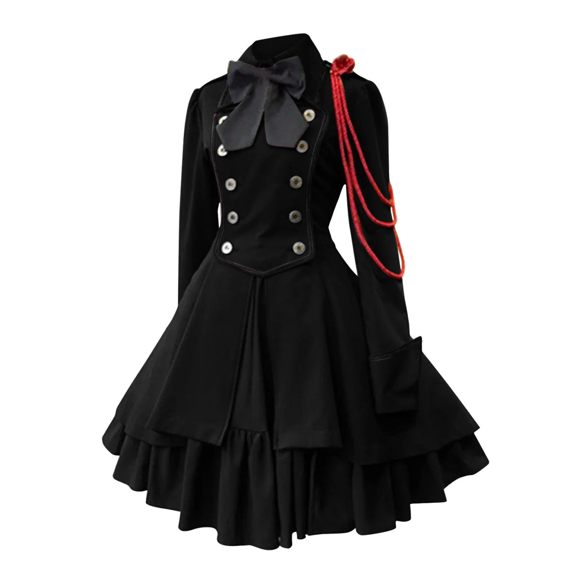 Medieval-Inspired Green and Black Flared Coat Dress with Decorative Bow and Brass-Tone Buttons