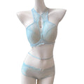 Crisp White Floral Lace High-Neck Halter Bralette and Panty Set