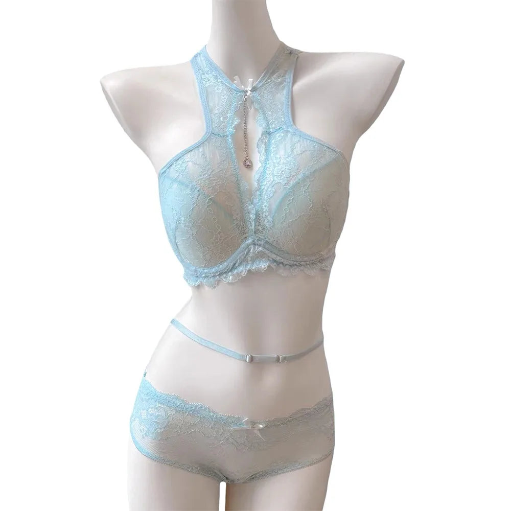 Crisp White Floral Lace High-Neck Halter Bralette and Panty Set