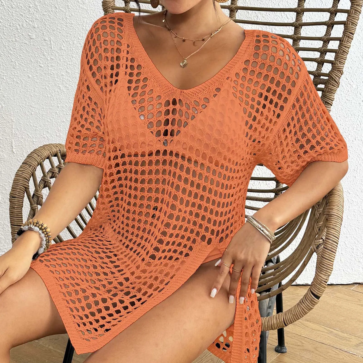 White Open-Knit Crochet Beach Cover-Up Dress with Short Sleeves, Hollow-Out Detailing and Relaxed Mini Tunic Silhouette