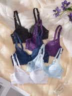 Five-Piece Unlined Floral Lace Underwire Bra Set with Scalloped Edging