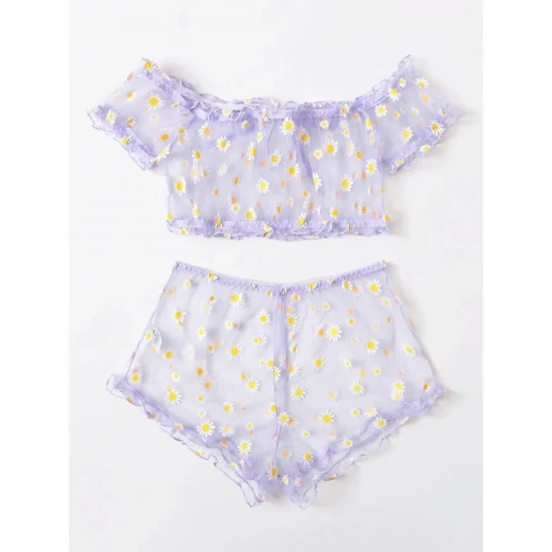 Sheer Black Mesh Daisy Print Two-Piece Loungewear Set with Ruffled Crop Top and Shorts