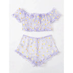 Sheer Black Mesh Daisy Print Two-Piece Loungewear Set with Ruffled Crop Top and Shorts