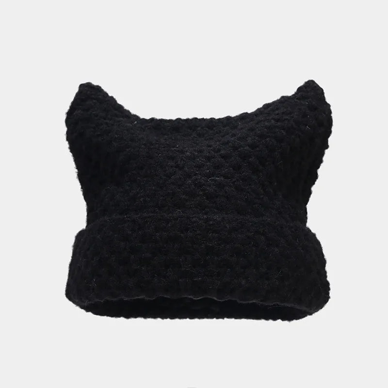 Striped Cat Ear Knit Beanie with Cotton Acrylic Blend for Playful Streetwear Fashion Style