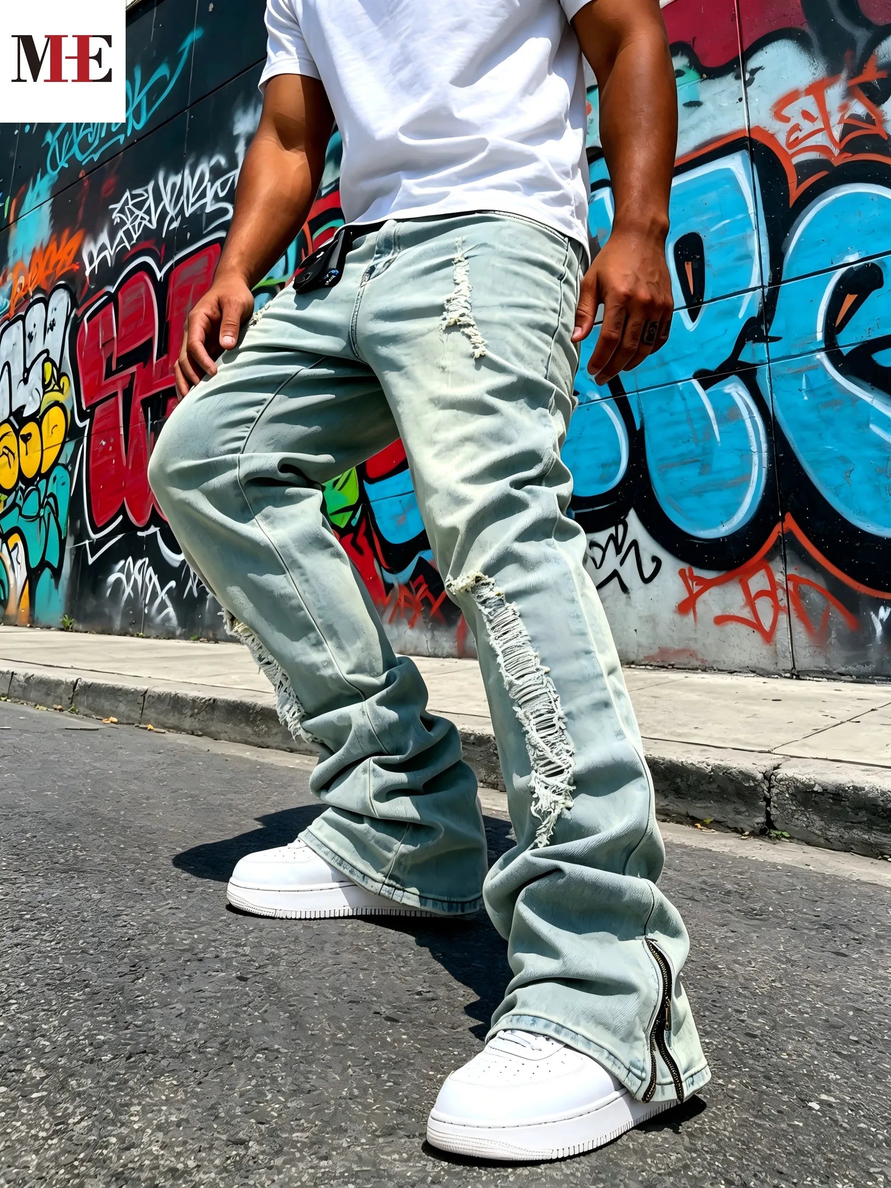 Men's Vintage Wash Flared Denim Jeans with Distressed Details and Relaxed Streetwear Fit