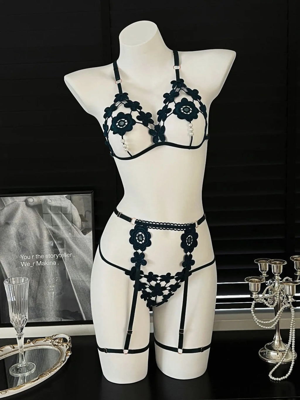 Bold Black Strappy Open-Cup Lingerie Set with Floral Appliqués and Leg Harnesses