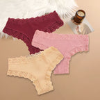 Three-Piece Ribbed Cotton-Blend Bikini Panty Set with Scalloped Lace Trim