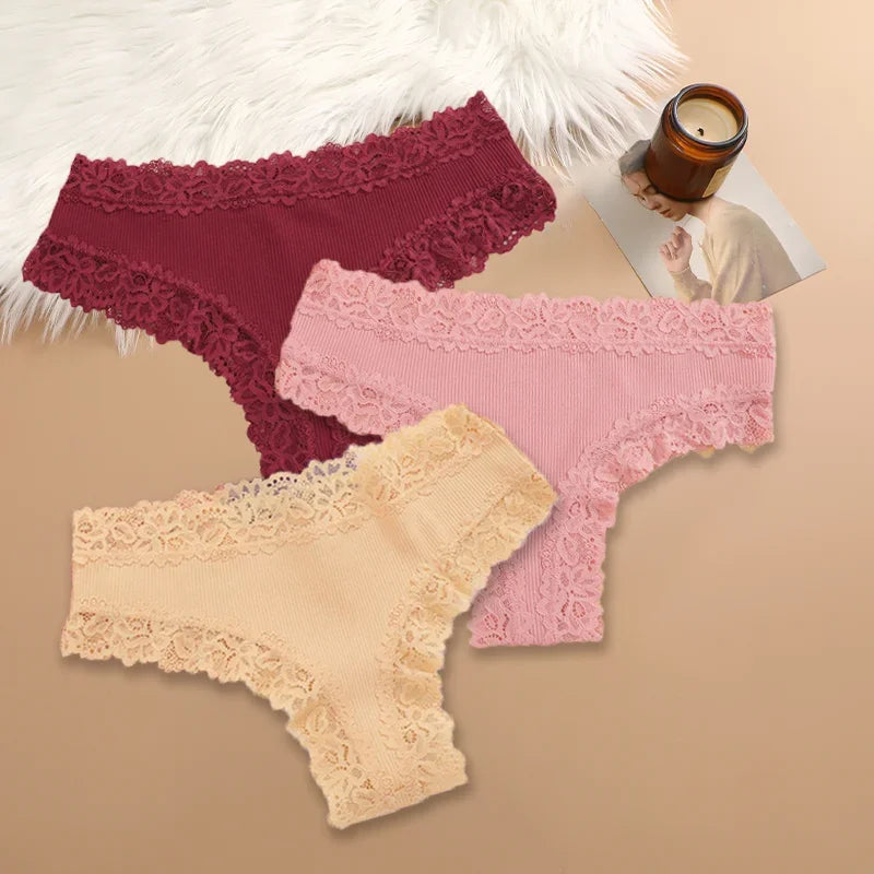 Three-Piece Ribbed Cotton-Blend Bikini Panty Set with Scalloped Lace Trim