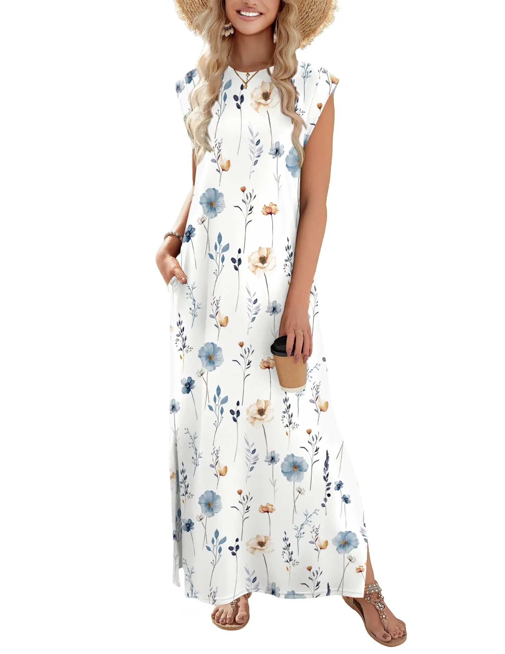 Loose Fit Sleeveless Floral Maxi Dress with Pockets for Casual Styling