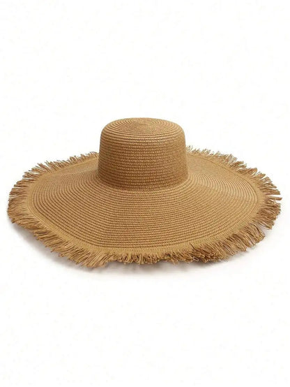 Oversized Woven Straw Sun Hat with Fringe Trim for Beach Travel and Resort Styling