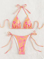 Vibrant Blue Tropical Print Triangle String Bikini