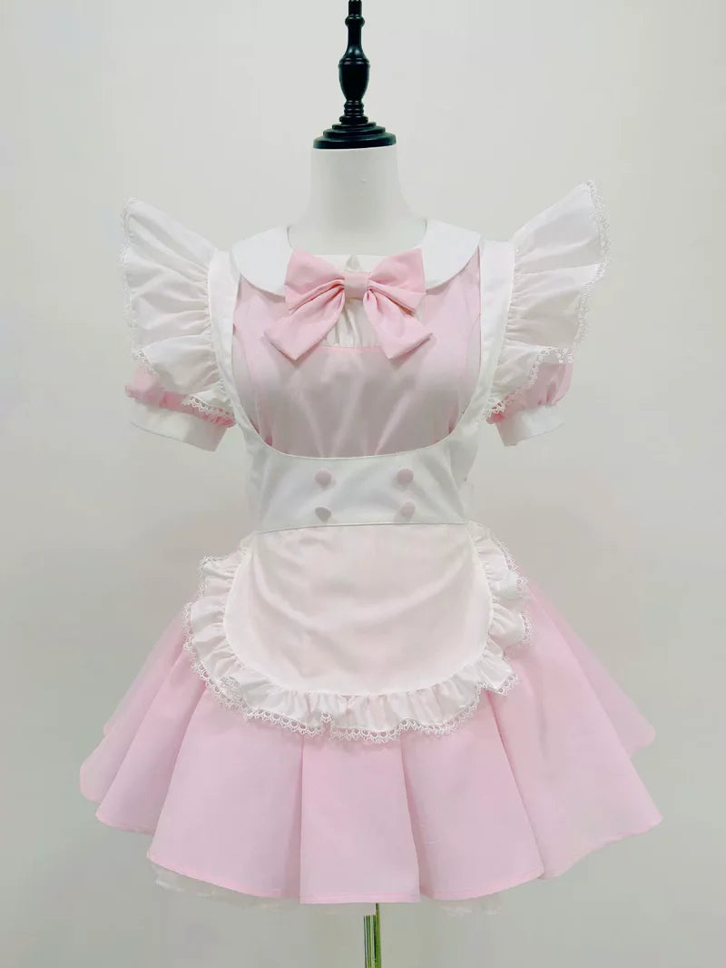 Pastel Color-Block Lolita Maid Dress with Pleated Skirt and Ruffled Apron